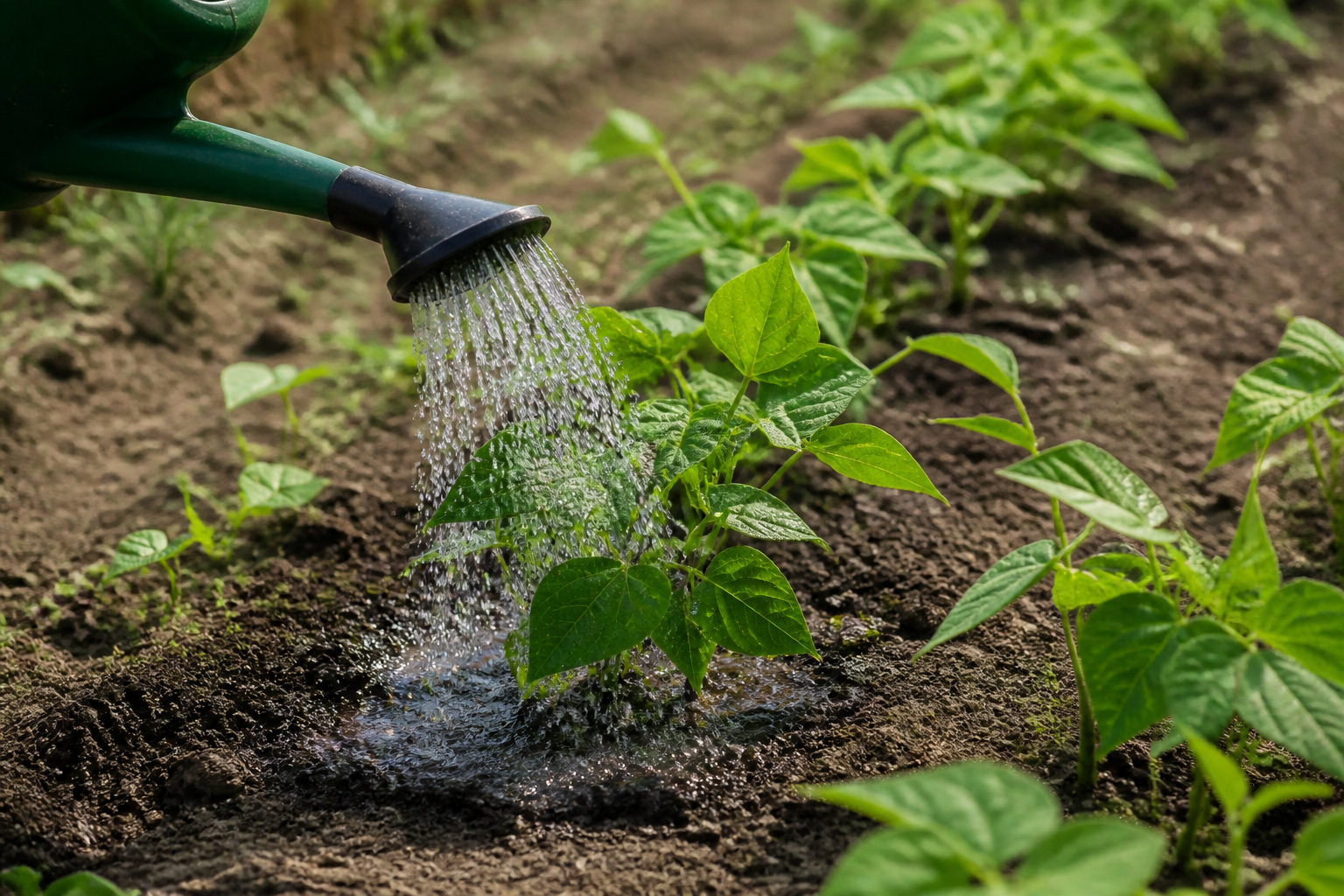 Arrosage au pied de jeunes plants de haricots