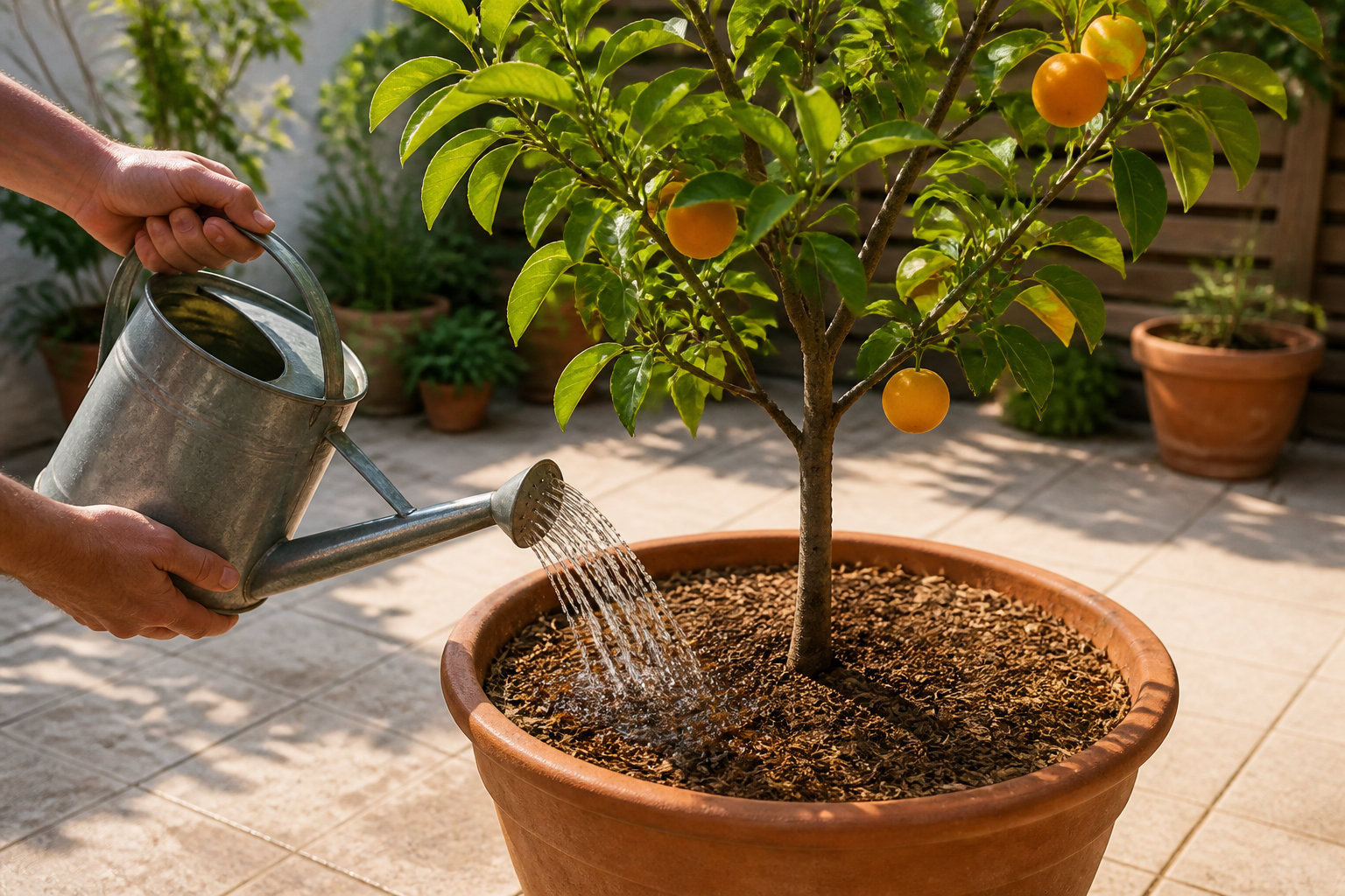 Arrosage d'un agrume cultivé en pot sur un balcon