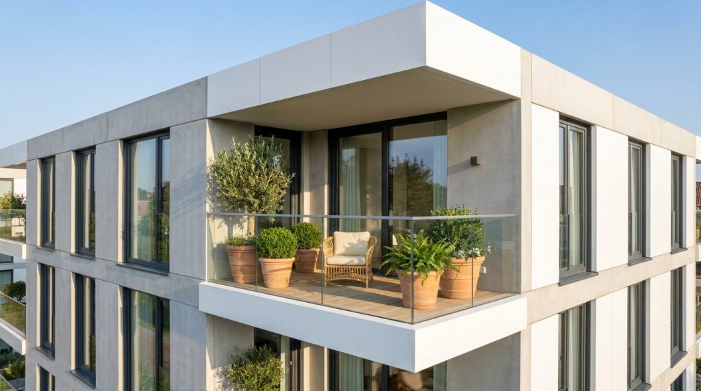 Balcon moderne d'un immeuble en béton avec des plantes en pot et un fauteuil en rotin sous un ciel bleu clair.