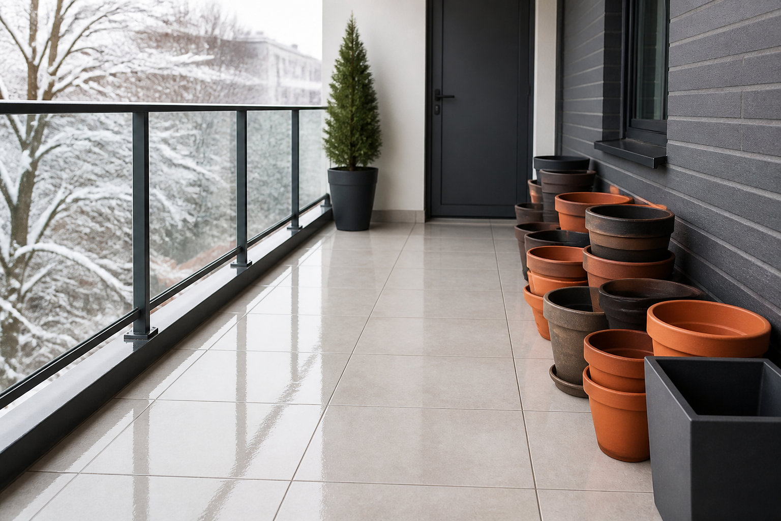 Balcon en hiver, pots vides empilés et rangés
