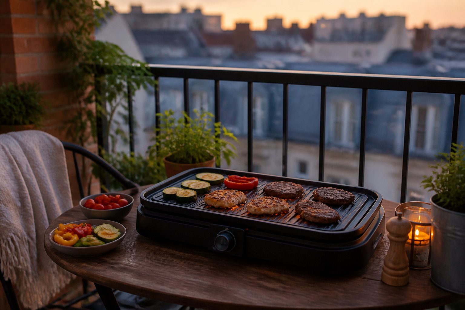 Barbecue électrique en fonctionnement sur un balcon en soirée