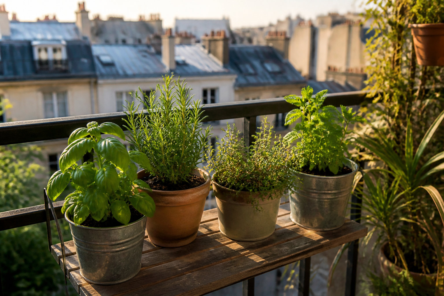 Jeunes plants d'aromatiques repiqués en pots individuels