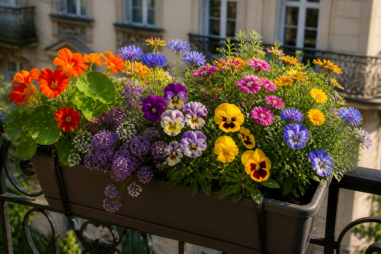 Jardinière garnie de fleurs comestibles colorées