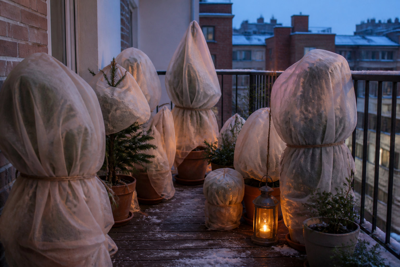 Plantes de balcon emballées sous voile d'hivernage