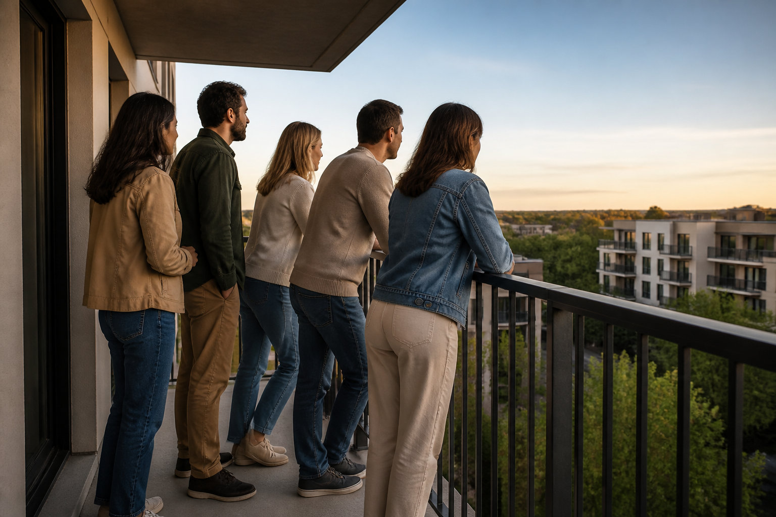 Plusieurs personnes réunies sur un balcon d'immeuble