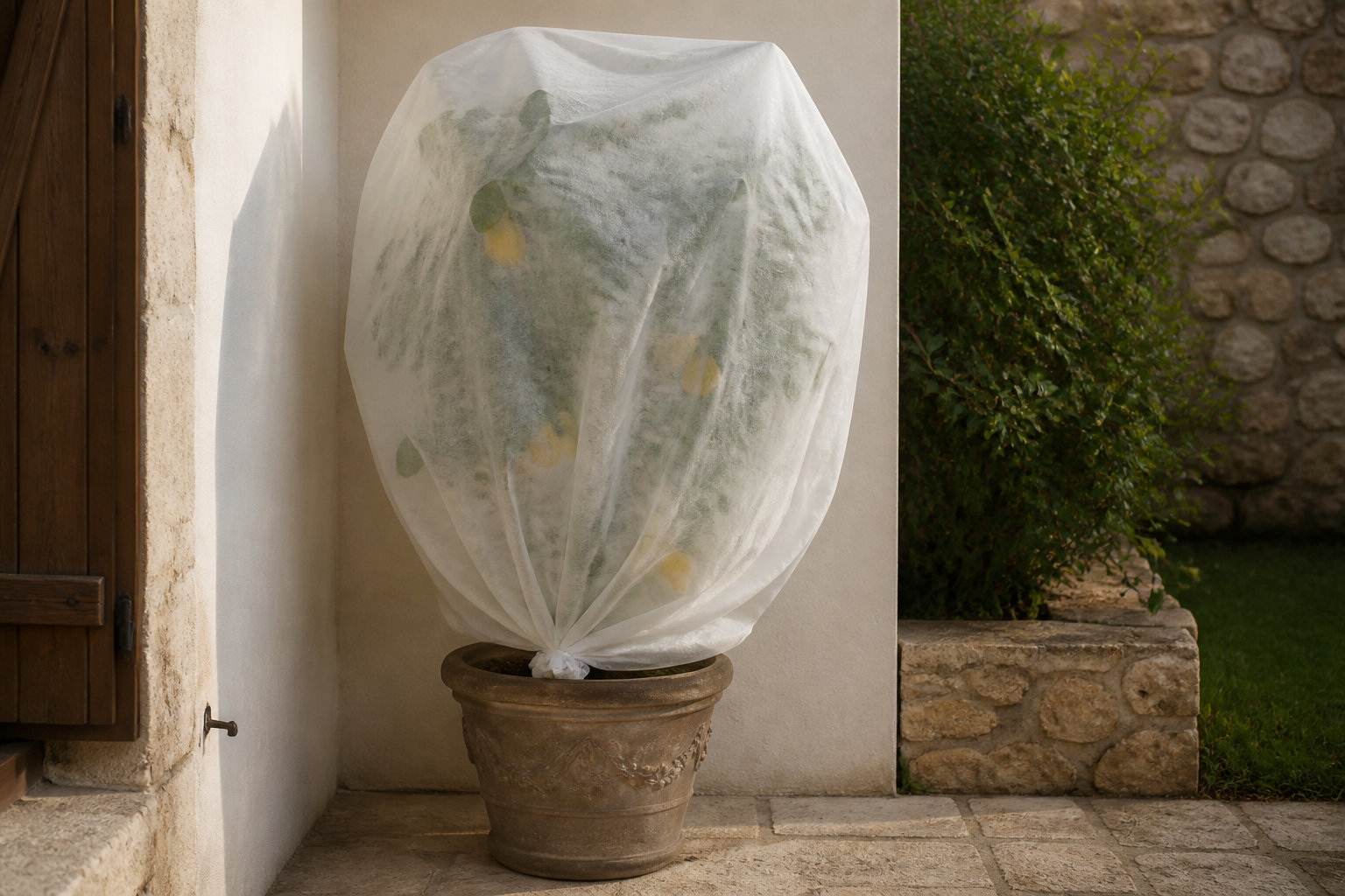 Agrume en pot protégé pour l'hiver sur un balcon