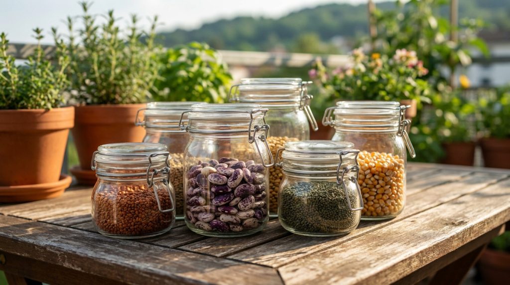 Bocaux en verre remplis de graines variées posés sur une table en bois en extérieur avec des plantes en arrière-plan.