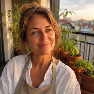 Élise Beauchemin sur son balcon, entourée de tomates cerises en pot