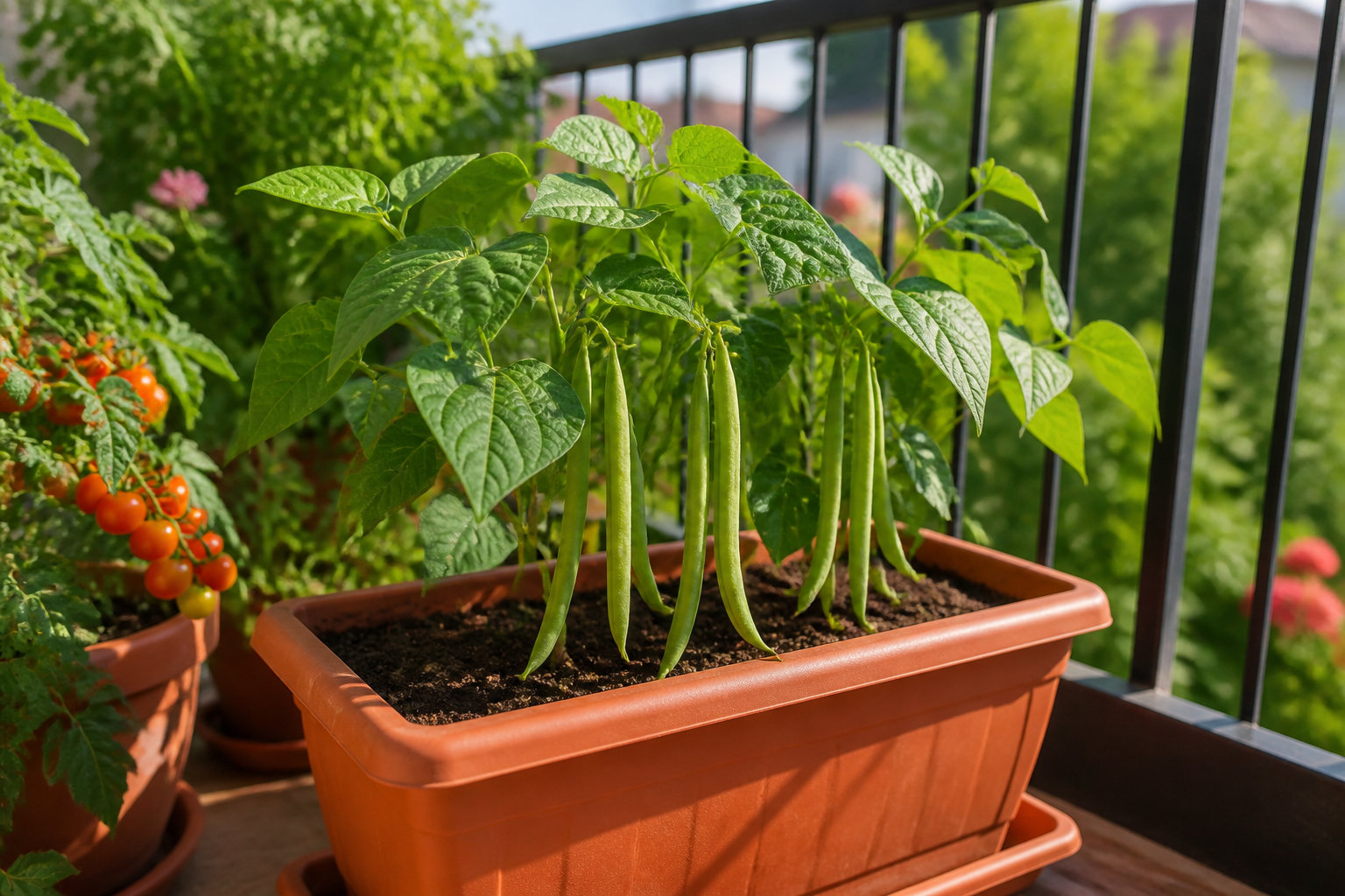 Pieds de haricots nains en pot sur un balcon