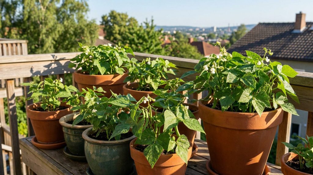 Plusieurs pots en terre cuite avec des plants de haricots nains en fleurs sur une rambarde de balcon ensoleillée.