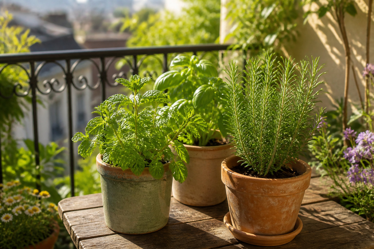 Touffes d'aromatiques cultivées en pots sur un balcon