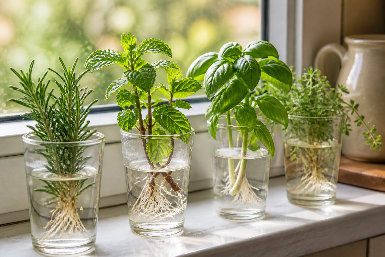 Boutures d'aromatiques enracinées dans des verres d'eau