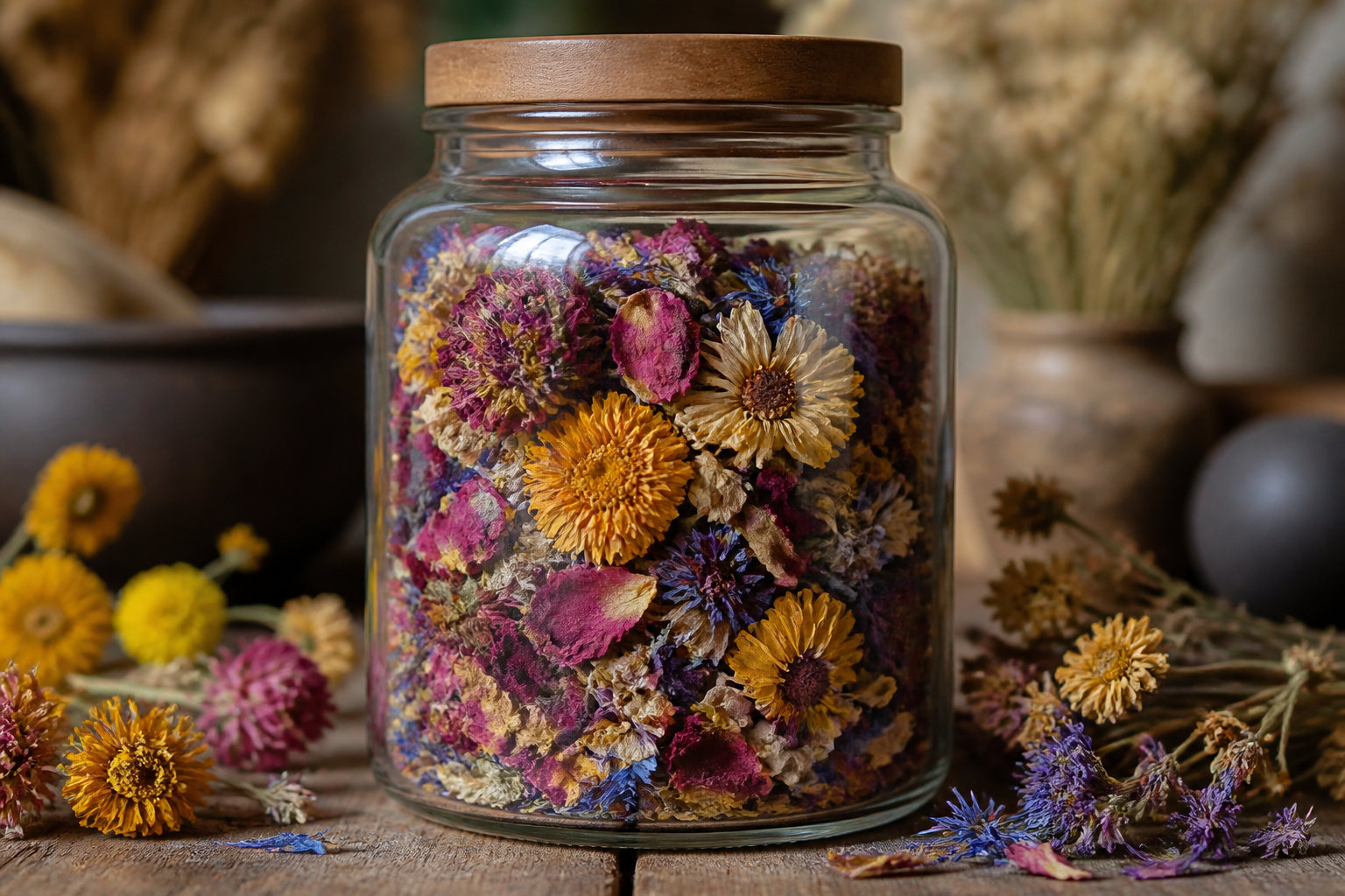 Bocal de fleurs comestibles séchées