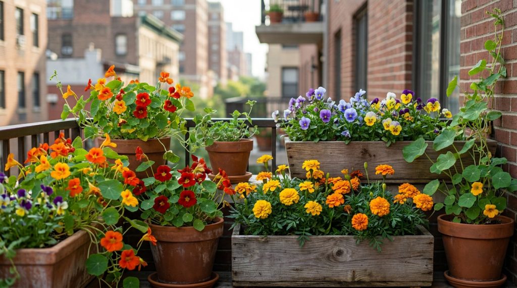 Jardinières et pots en terre cuite remplis de fleurs comestibles colorées sur un balcon en ville.