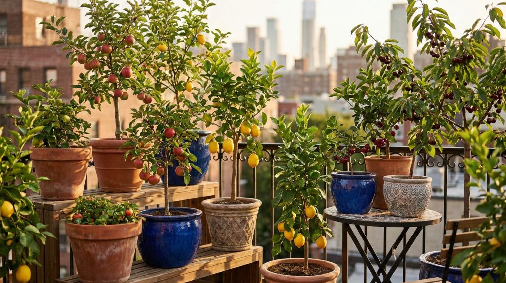 Plusieurs arbres fruitiers en pot, comme des citronniers et des cerisiers, disposés sur un balcon avec une ville en fond.