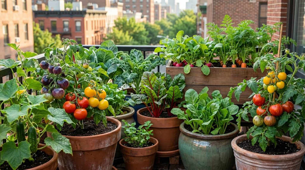 Un balcon en ville rempli de pots en terre cuite contenant des tomates, radis, blettes et herbes aromatiques.