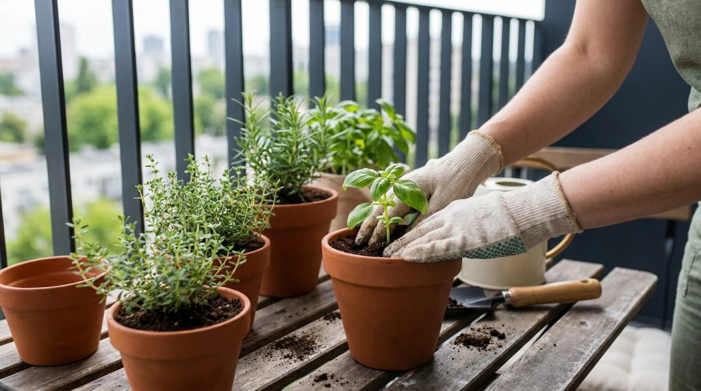 Une personne gantée plante une jeune pousse de basilic dans un pot en terre cuite sur une table de balcon.