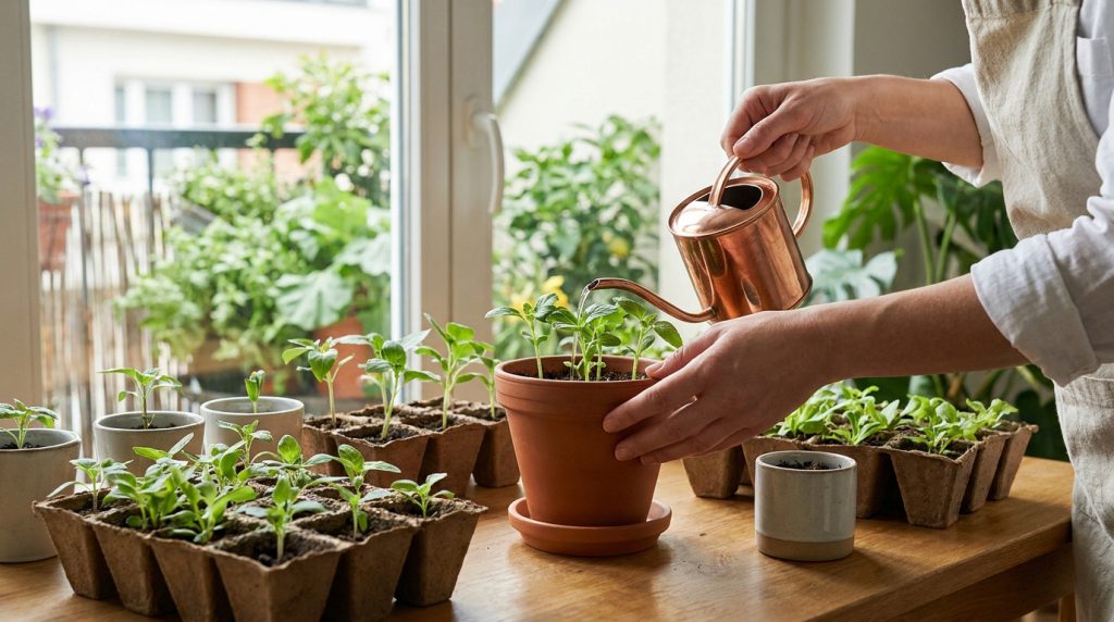 Une personne arrose de jeunes pousses dans un pot en terre cuite à côté d'une fenêtre.