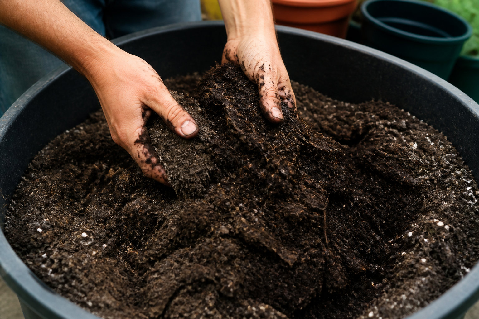 Mélange de terreau et de compost préparé pour le rempotage