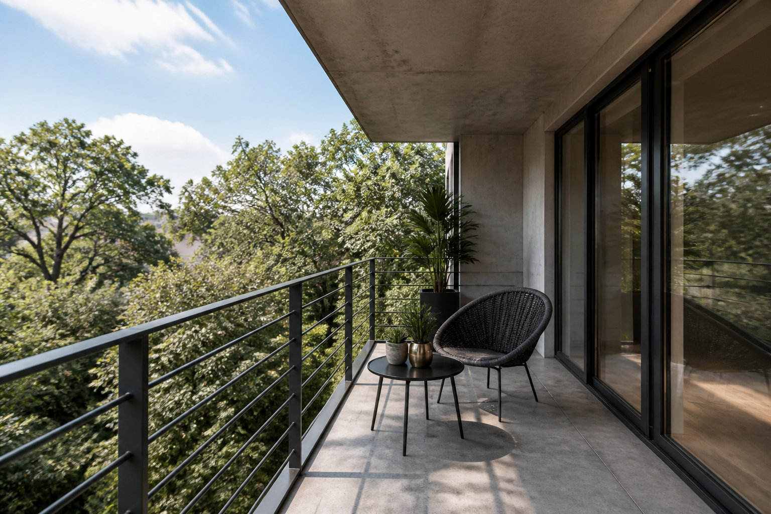 Balcon urbain aménagé avec assises et plantes en bacs