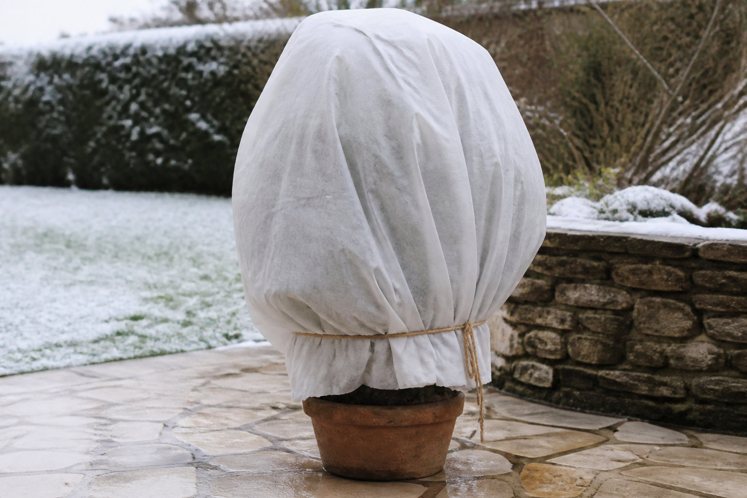 Plante en pot protégée du gel sur un balcon