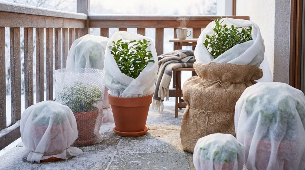 Plantes en pots sur un balcon enneigé, recouvertes de voiles d'hivernage, de toile de jute et de papier bulle.