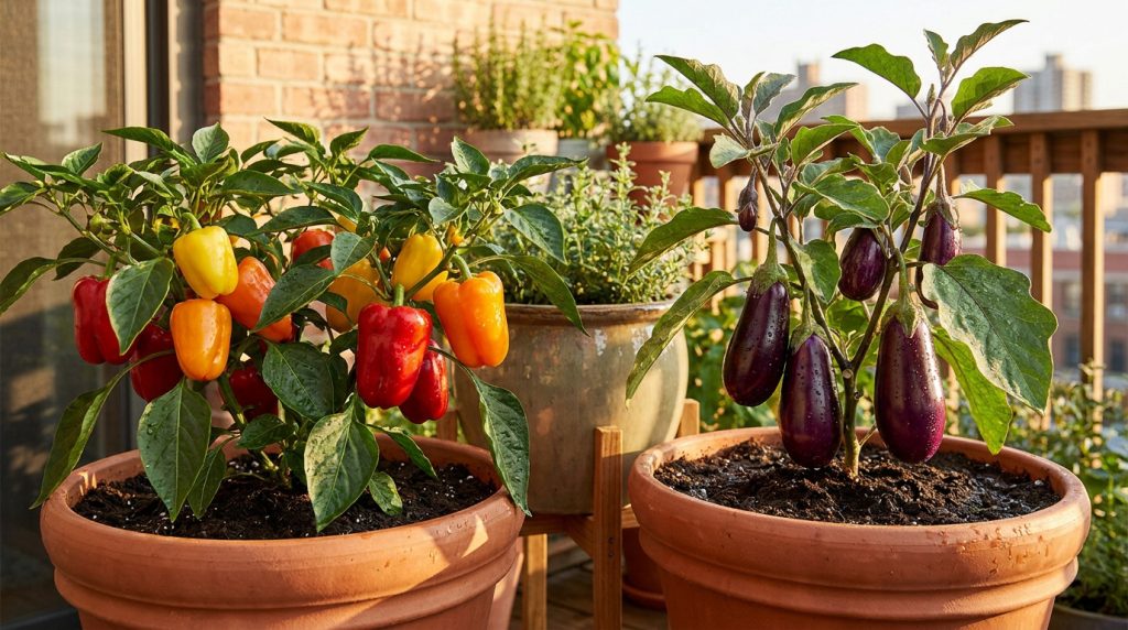 Plants de poivrons multicolores et d'aubergines violettes en terre cuite sur un balcon ensoleillé.