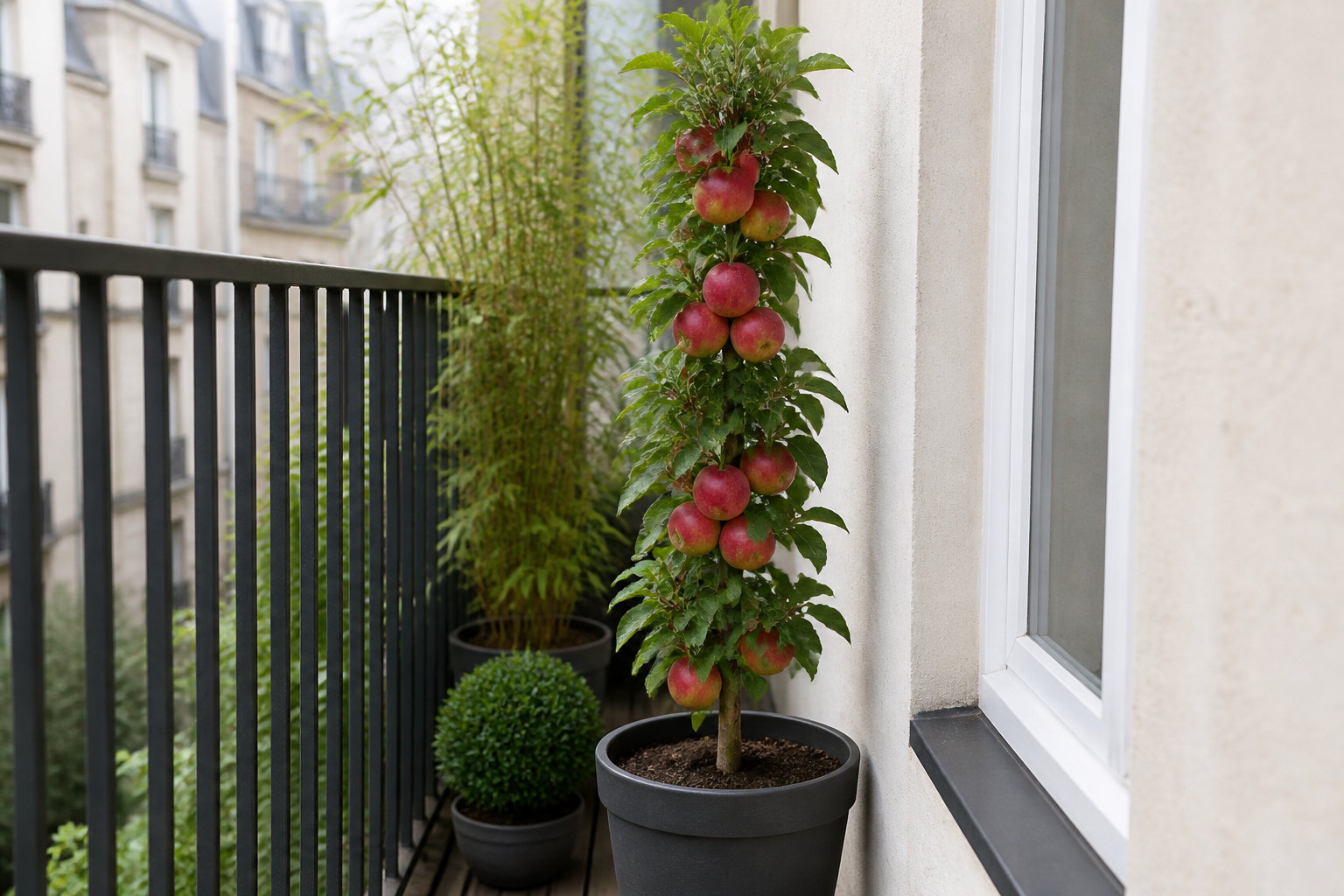 Pommier colonnaire cultivé en pot sur un balcon