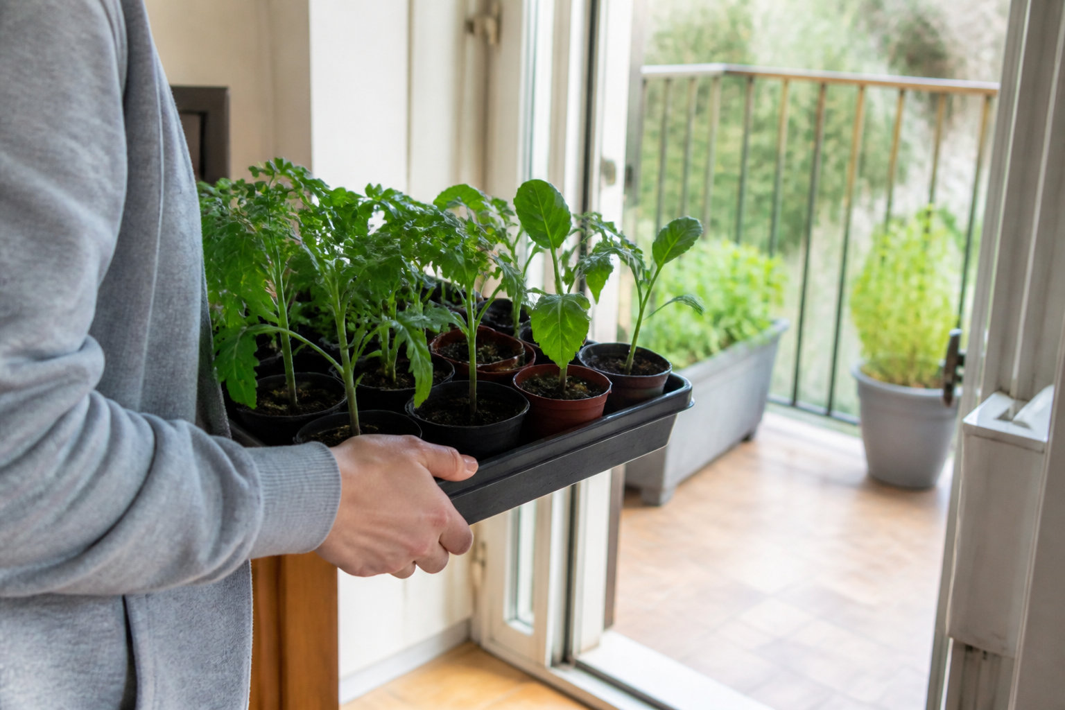 Plants en godets sortis progressivement sur un balcon