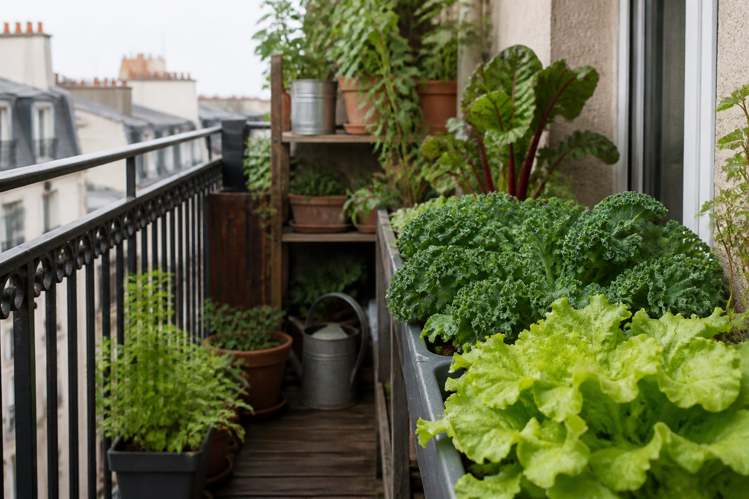 Potager installé sur un balcon orienté au nord