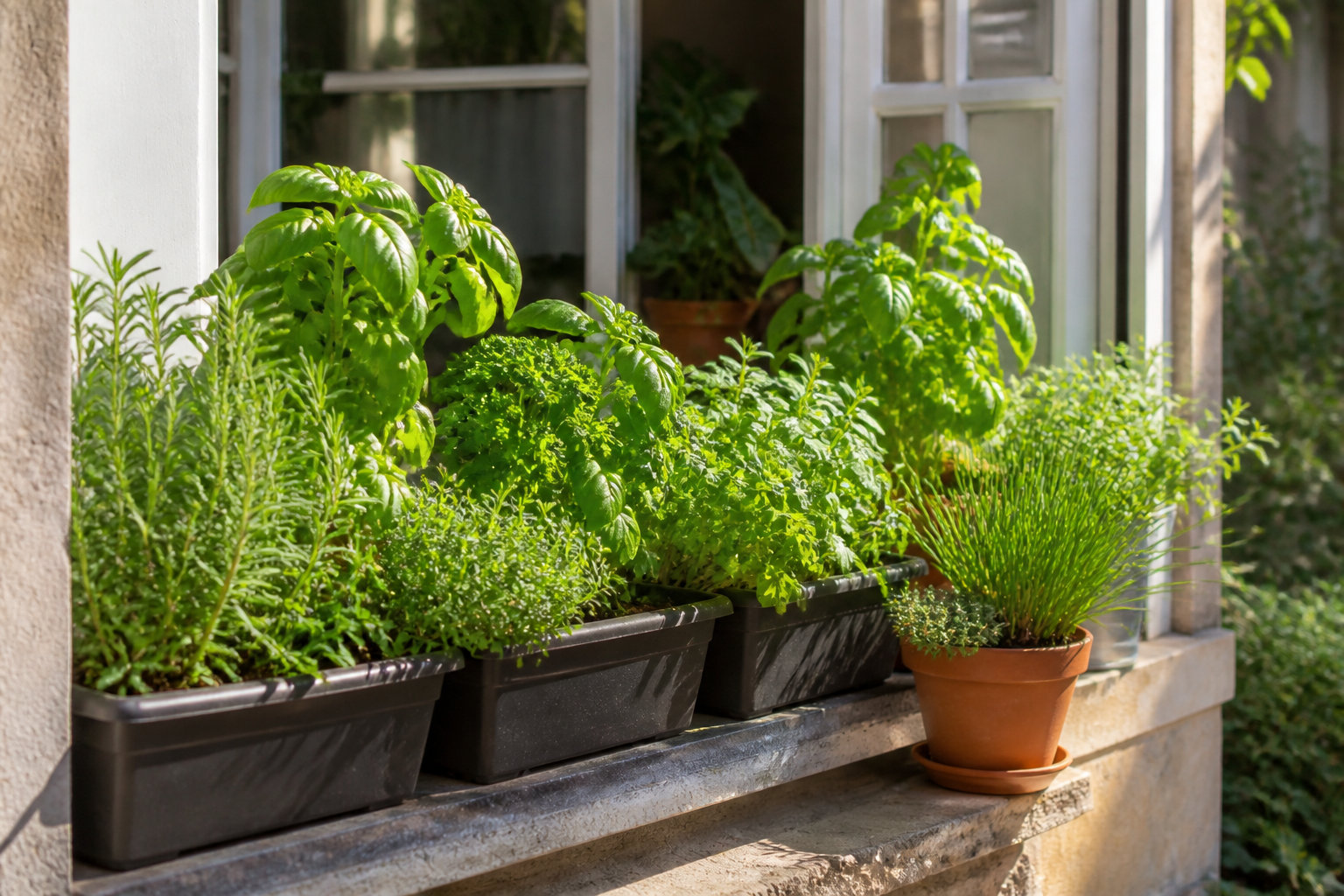 Aromatiques en pots alignées sur un rebord de fenêtre