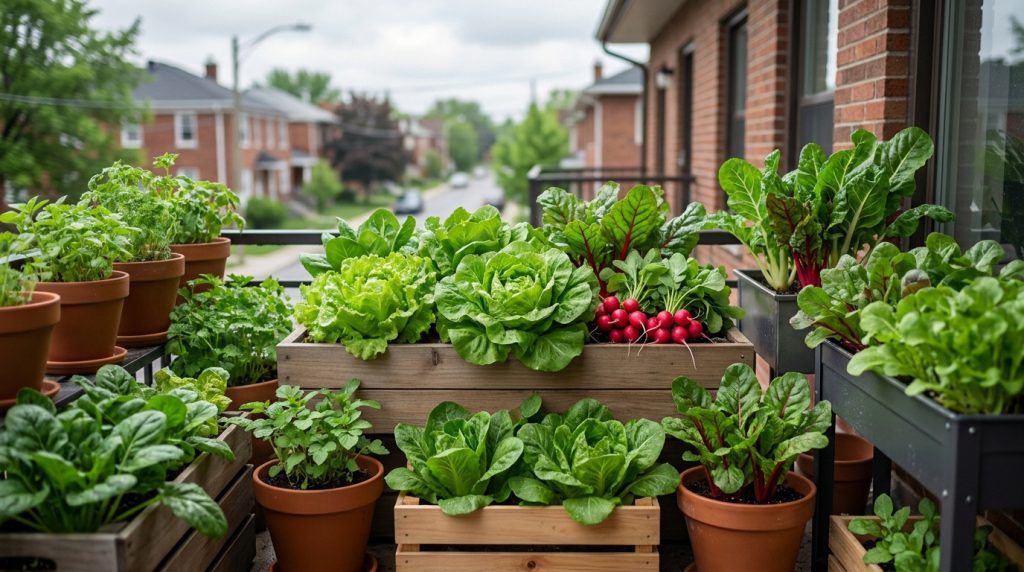 Balcon avec des jardinières en bois et pots en terre cuite remplis de salades, blettes et radis en milieu urbain.