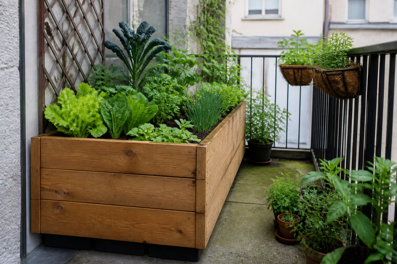 Bac en bois planté de légumes-feuilles sur un balcon