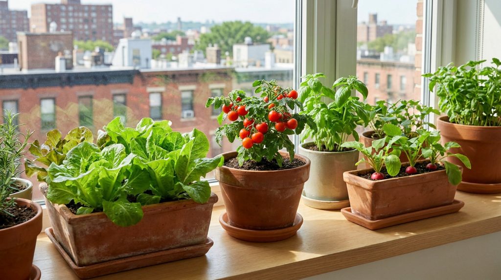 Différentes herbes, laitues et tomates cerises cultivées dans des pots en terre cuite sur un rebord de fenêtre en ville.