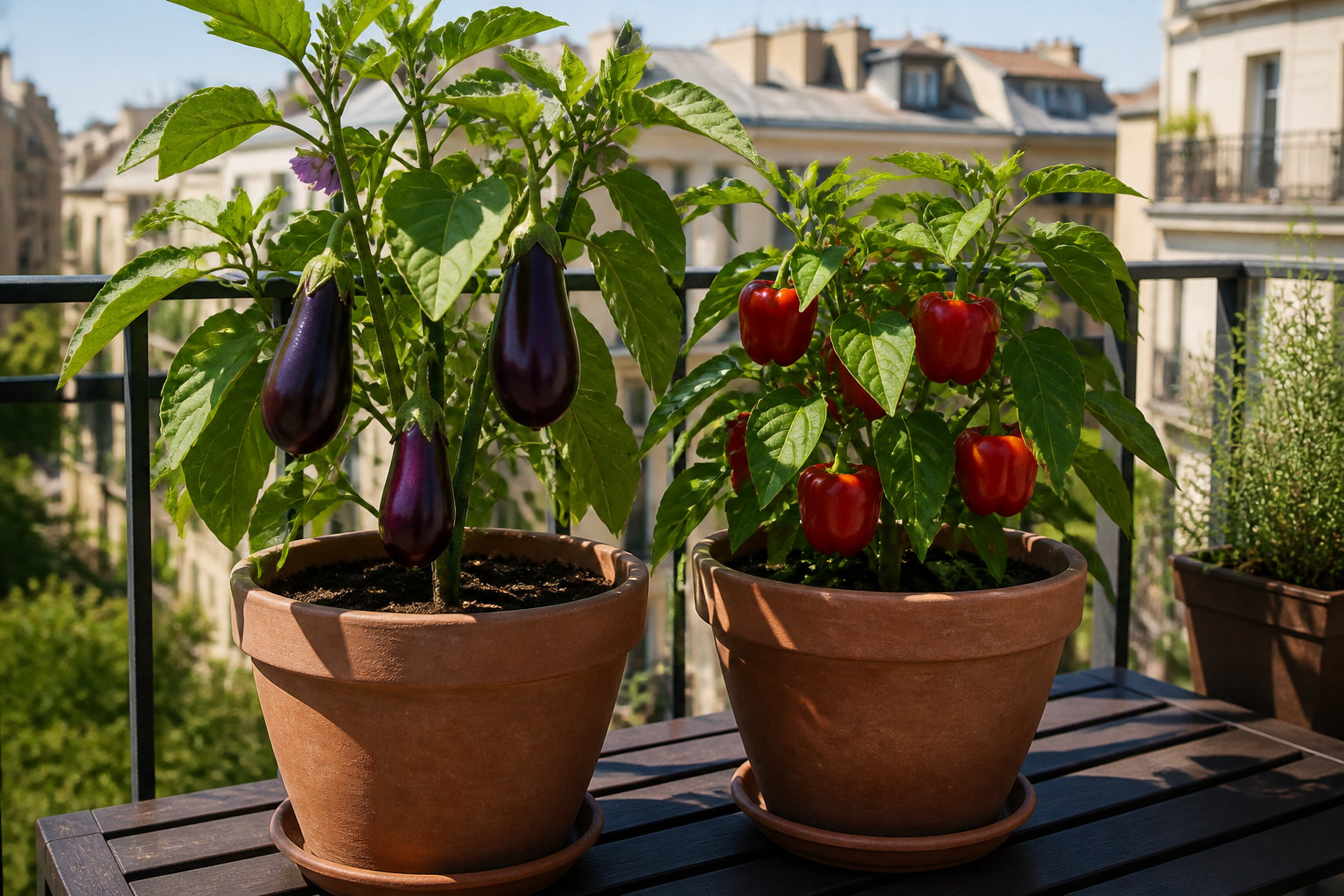 Pieds d'aubergine et de poivron cultivés en pots