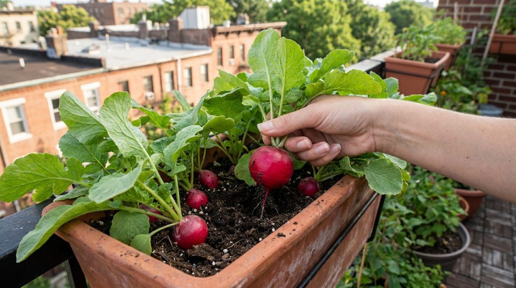 Une main récolte un radis rouge frais dans une jardinière sur un balcon en ville.