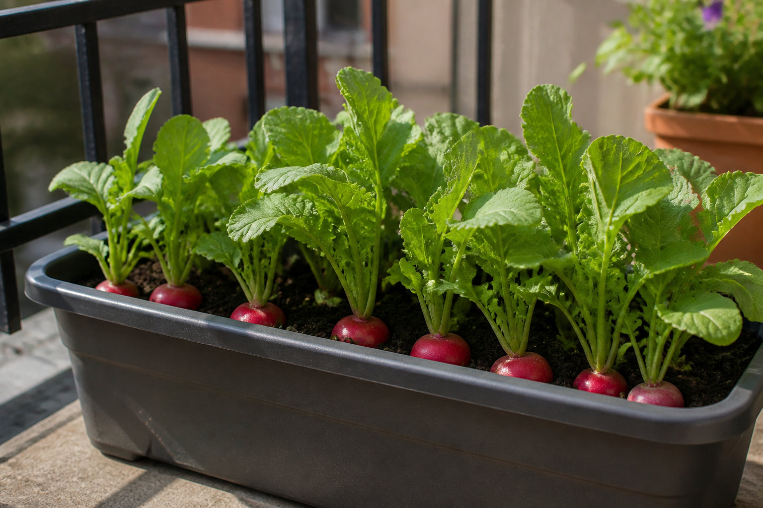 Radis rouges arrivés à maturité dans une jardinière