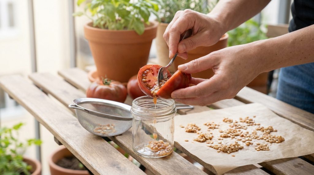 Mains extrayant les graines d'une tomate coupée dans un bocal en verre sur une table en bois.