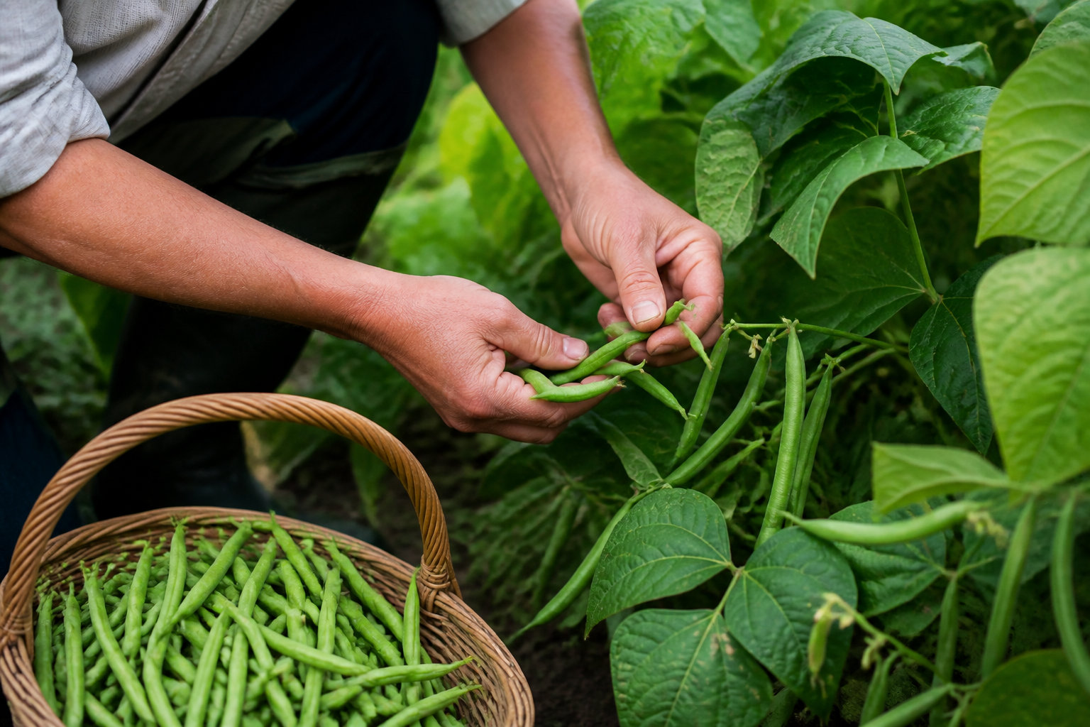 Poignée de haricots verts fraîchement cueillis