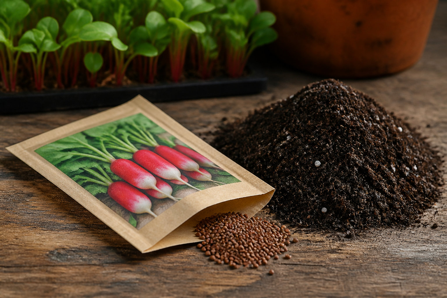 Sachet de graines de radis posé à côté du terreau