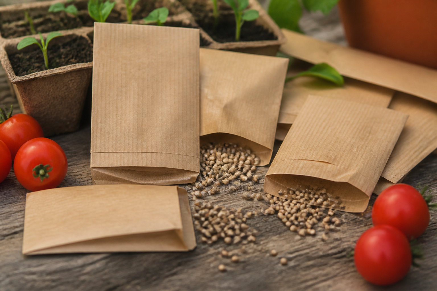 Sachets en papier kraft étiquetés contenant des graines de tomates