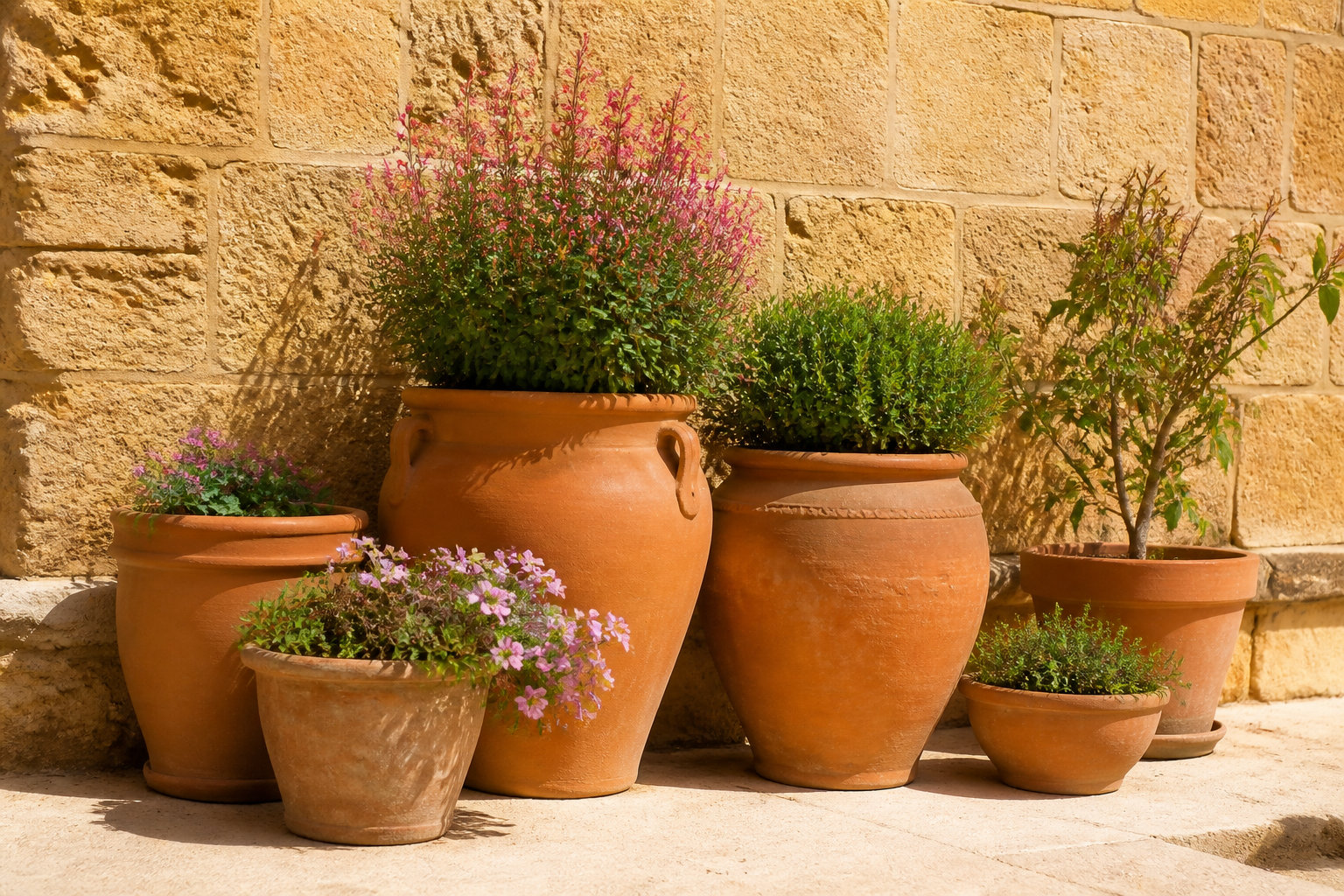 Pots en terre cuite plantés, alignés au soleil