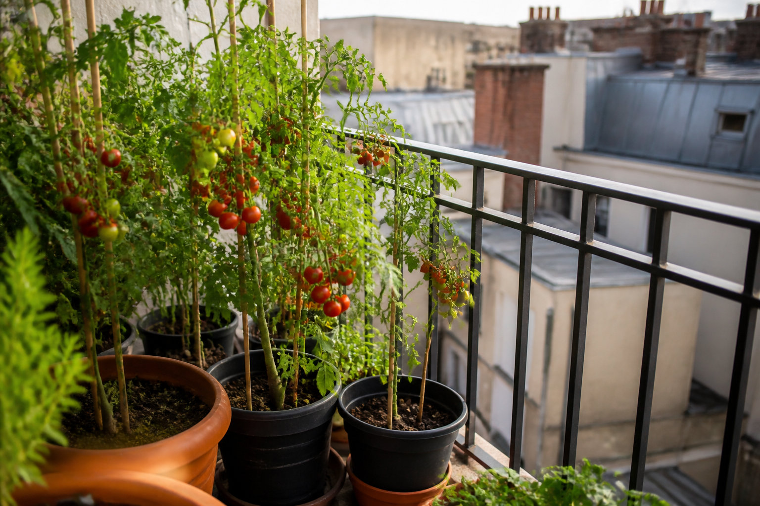Grappe de tomates cerises sur un balcon
