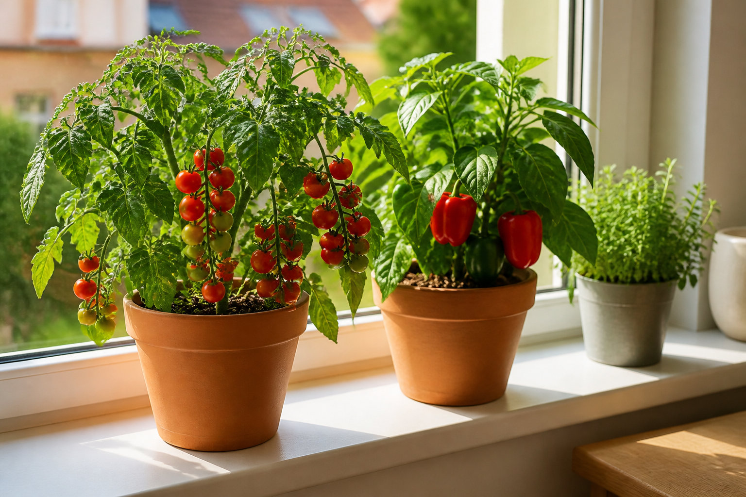 Tomates et poivrons en pots sur un appui de fenêtre