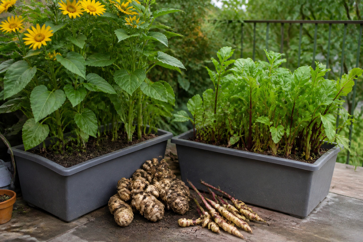 Topinambours et crosnes cultivés en bac profond